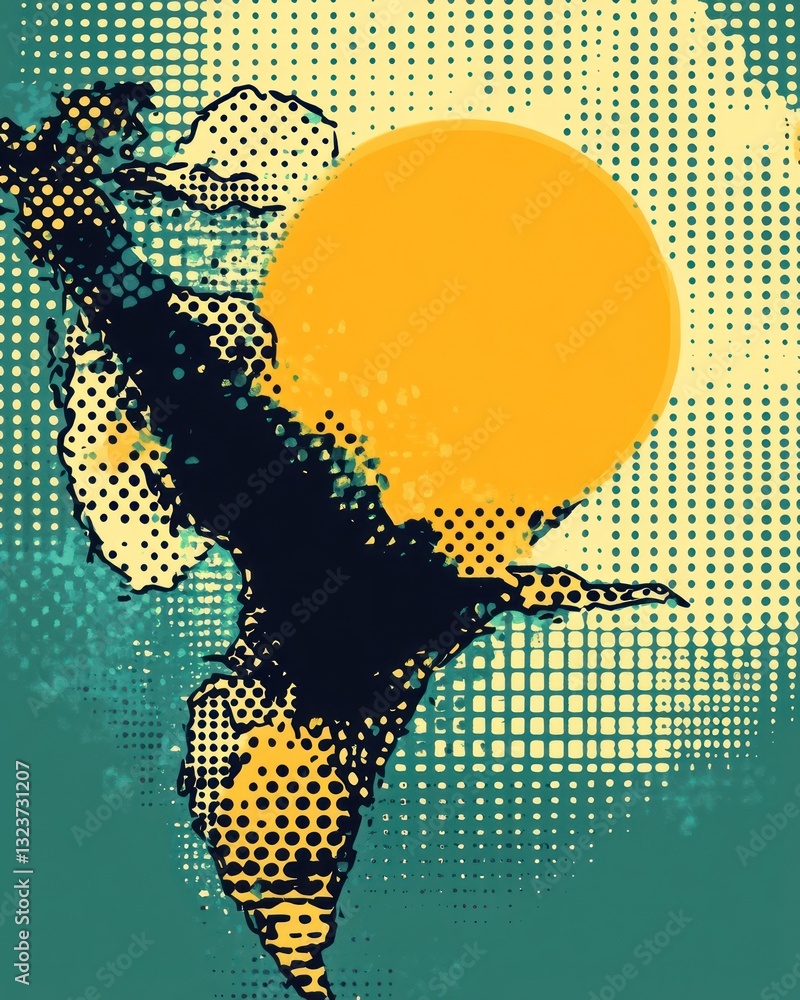 Poster abstract graphic art of a silhouetted tree branch with a yellow sun halftone pattern effect against 