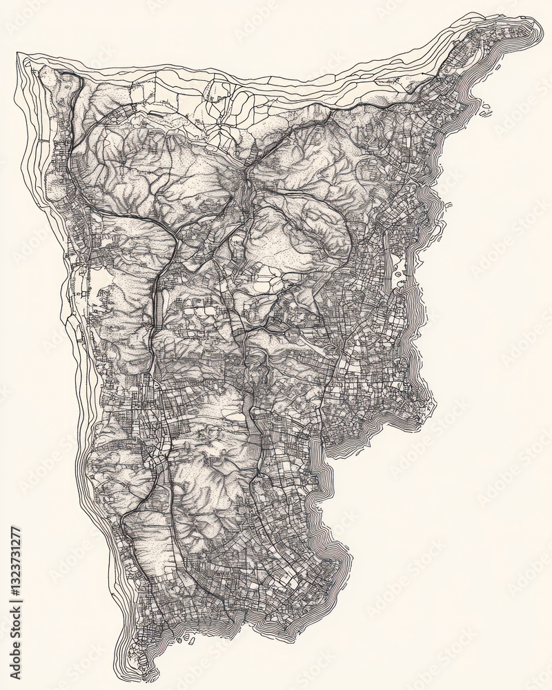 Poster abstract map illustration with topographic lines in grayscale on cream background
