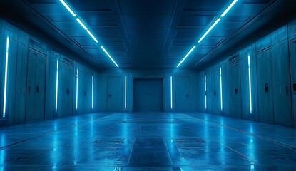 Empty futuristic metallic corridor glowing in blue, ideal for tech backdrops