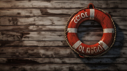 The lifebuoy with "Welcome on Board" written on it sits against a horizontal wooden background, perfect for adding individual messages.