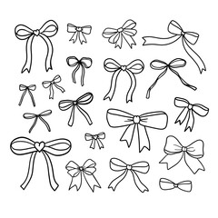 Hand drawn vector bows. Aesthetic coquette thin line flowy bows and ribbons