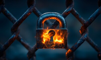 A close-up shot of a rusty padlock and chain link fence with fire around the lock.