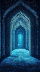 Mystical Passage: A mesmerizing corridor of arched doorways recedes into a soft, ethereal glow, evoking mystery and the promise of hidden wonders. The intricate carvings and celestial blue light.
