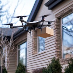 Drone delivering a package to a suburban house, symbolizing modern delivery technology and automation in logistics. Generative AI.
