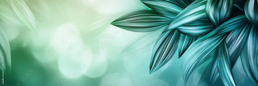 Poster tropical vibe with blurred palm leaves in green and teal tones for a fresh and adventurous atmospher