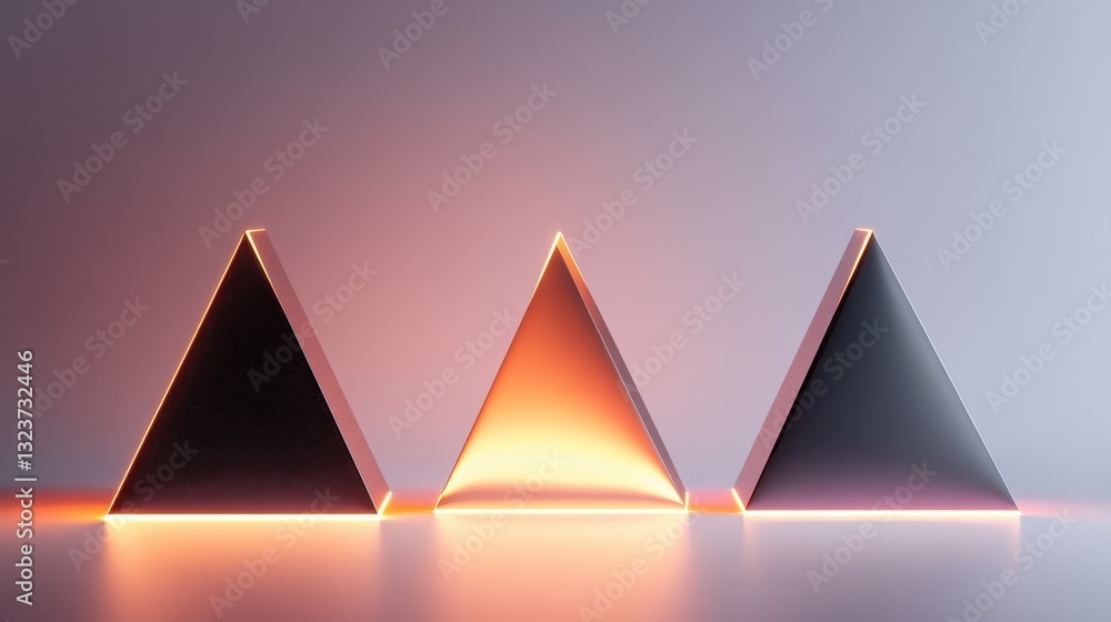 Aufkleber three geometric pyramids with orange glowing edges on soft gradient background, abstract modern desi
