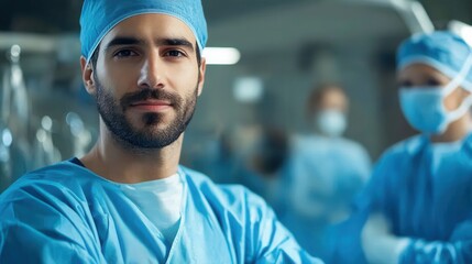 Confident male surgeon in scrubs, focused expression. Ideal for medical, healthcare, or hospital websites, promoting trust and expertise.