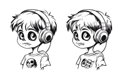 Cute cartoon boy with headphones in two styles, flat icons set.