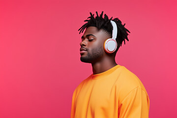 Stylish Black Young Man Listening to Music with Headphones.
isolated on pink and orange background.