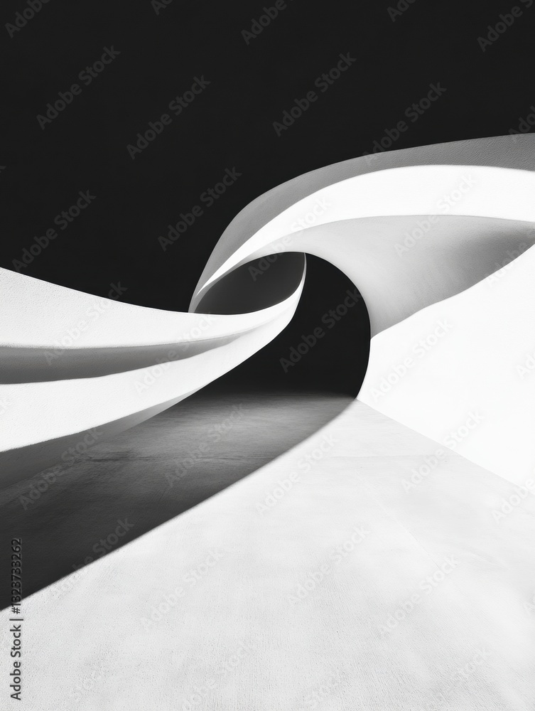 Poster minimalist architectural flow dynamic black and white sculptural form exploring spatial geometry, fl