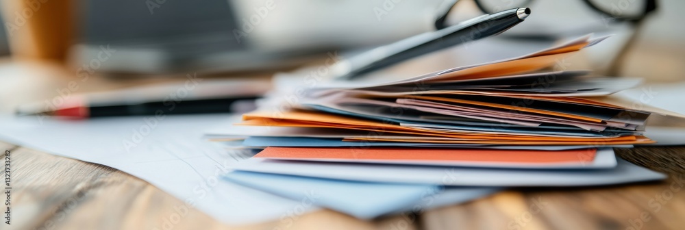 Poster Minimalist Financial Analytics Modern Workspace Efficiency with Layered Documents, Sleek Texture Workflow for Digital-First Accounting Professionals