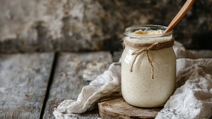 Rustic Sourdough Starter in Glass Jar: A Culinary Still Life, Capturing the Essence of Natural Fermentation and Artisan Baking on a Wooden Table with Linen Cloth.