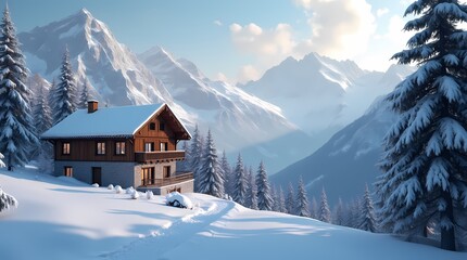Cozy House in the Snowy Alps with a Winter Mountain Landscape