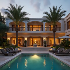 Obraz premium Luxury resort swimming pool at night with palm trees and tropical villa