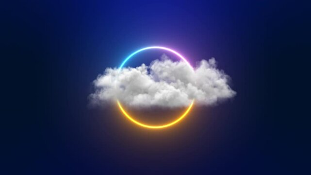 An infinity loop of white cloud with a neon glowing circle shape on a dark blue background.