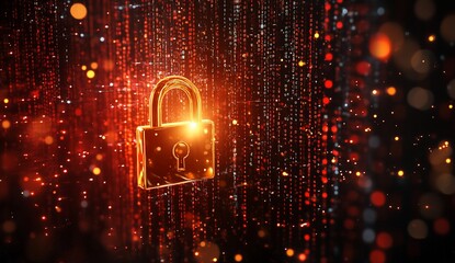 Security lock symbol against a digital binary stream backdrop for web security use