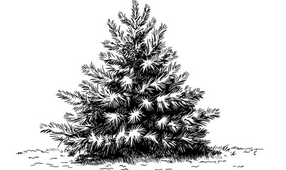 Pine tree illustration, nature elements in linear style, icons set.