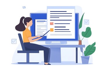 woman working on a computer with checklist.