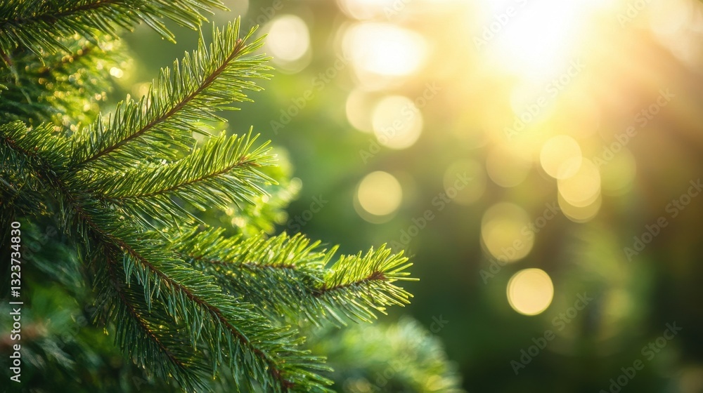 Poster sunlit evergreen boughs a close-up of fir tree branches with golden bokeh.