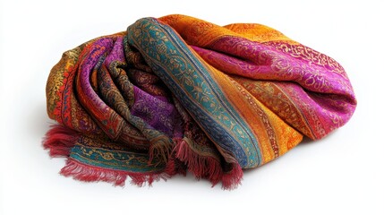 Fototapeta premium A kaleidoscope of vibrant hues, the traditional shawl, with its flowing fabric and intricate designs, was gracefully draped against a stark white backdrop, highlighting the beauty and artistry woven