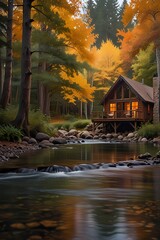 Fototapeta premium Autumn Forest with Flowing Stream and Waterfall