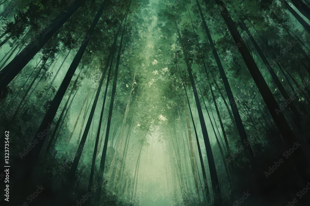 Poster ethereal emerald canopy low-angle view of a dense forest with mist and sunlight filtering through ta