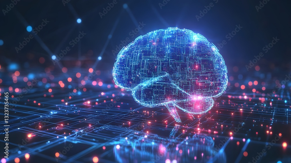 Poster an illuminated brain with circuits and glowing digital background