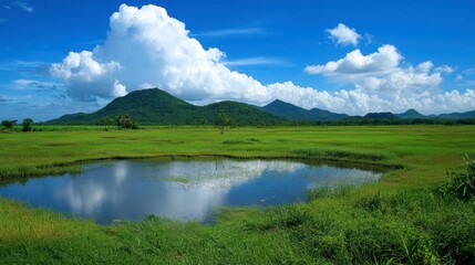 A tranquil rural landscape with a small pond, surrounded by green fields and distant hills under soft clouds.