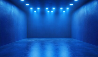 Fototapeta premium Empty blue room illuminated by spotlights in the ceiling for product display