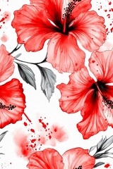 Vertical Watercolor beautiful hibiscus flowers seamless pattern. Dirty colorful watercolor background.