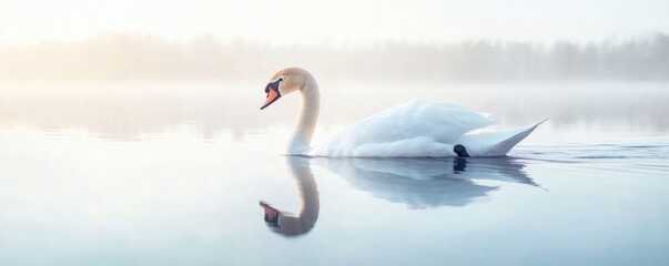 Fototapeta premium A graceful white swan floats peacefully on a calm water surface