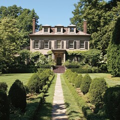 Fototapeta premium Elegant historical mansion surrounded by a well-manicured garden, representing classic architecture and luxury real estate. Generative AI.