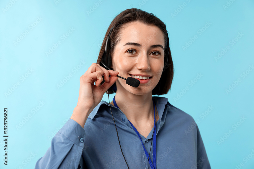 Poster technical support call center. portrait of smiling operator on light blue background