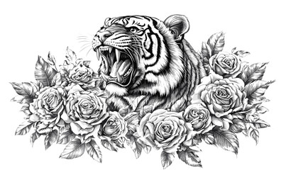 Roaring tiger surrounded by roses - linear art icons set - vector.