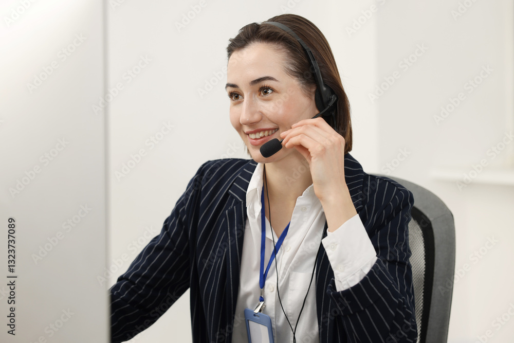 Poster technical support call center. portrait of smiling operator in office