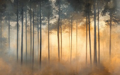 Misty Forest at Sunrise Tall Trees in Golden Fog, Atmospheric Landscape.