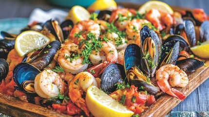 Fototapeta premium A vibrant seafood feast with steamed clams, mussels, and shrimp, served with fresh herbs and lemon wedges on a wooden tray.