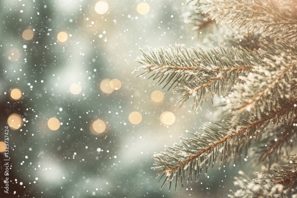 Poster festive winter scene close-up of frosted evergreen branch with snowfall and bokeh lights