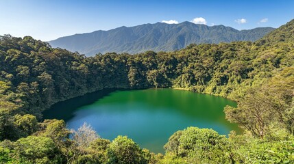 A wide-angle shot of an emerald green lake surrounded by forests, with mountains rising in the background.