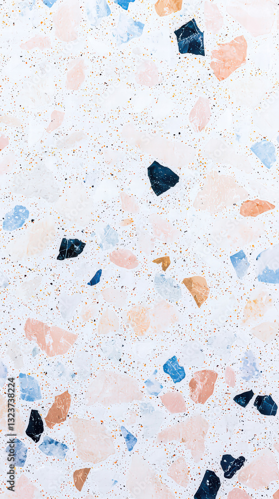 Poster terrazzo textures: abstract arrangement of colorful chips embedded in a composite material, revealin