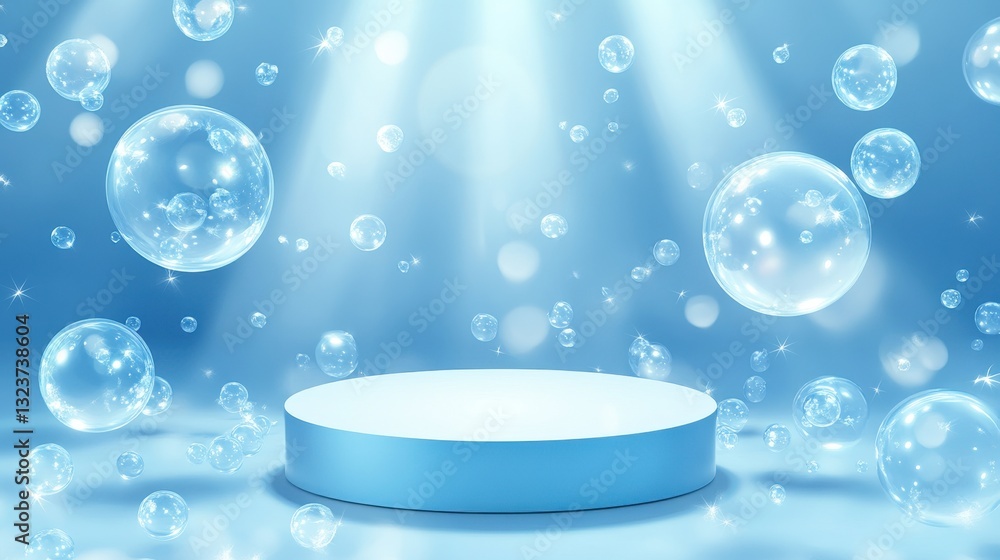 Poster elegant light blue product display podium with floating bubbles and sparkling lights