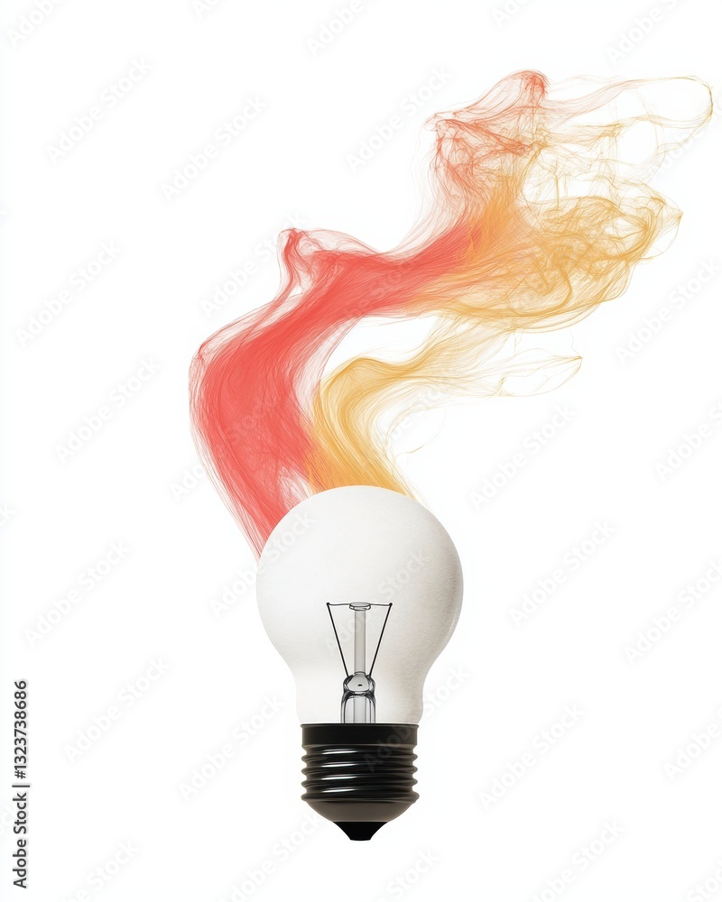 Poster unique light bulb with colorful smoke effects in orange and red representing creativity and innovati