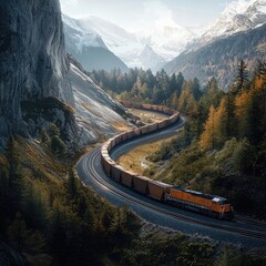 Freight train winding through a rugged mountain pass, representing industry, logistics, and the power of railway transportation. Generative AI.