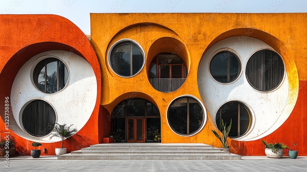Poster vibrant architecture: a unique building facade with circular window designs