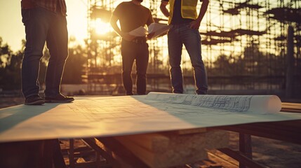 Diverse Civil Engineers Collaborating Over Blueprint at Construction Site with Hard Hats