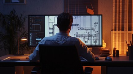 Mechanical Engineer Analyzing 3D CAD Designs of Piping Systems in a Modern Office with Dual Monitors