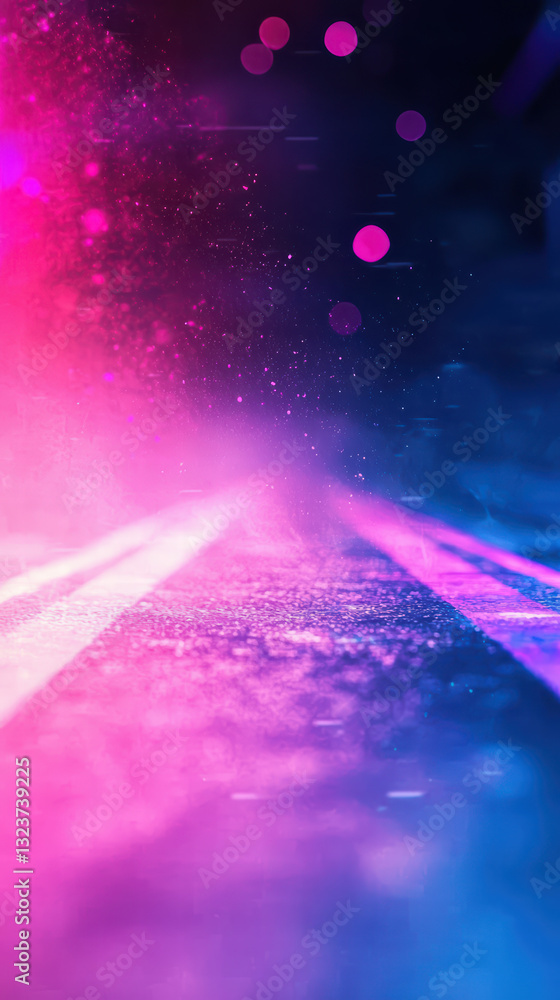 Poster neon path to dreams: a mesmerizing abstract image of a glowing road splitting a scene, bathed in vib