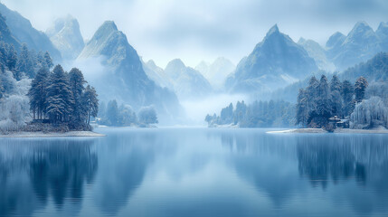 Fototapeta premium The Scenery of Distant Mountains and Lakes in Winter