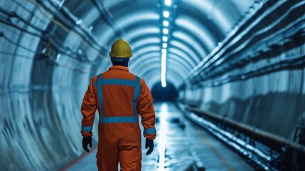 Safety Engineer in Full PPE Suit Walking Through Industrial Tunnel with Reflective Strips, Vanishing Point Perspective