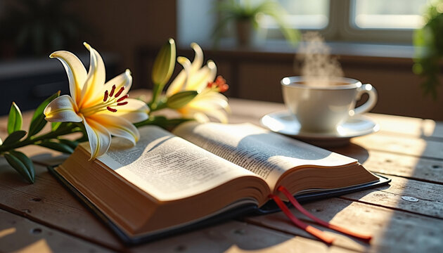  an open Bible with a bookmark resting on a rustic wooden table, surrounded by fresh lilies and a steaming cup of tea